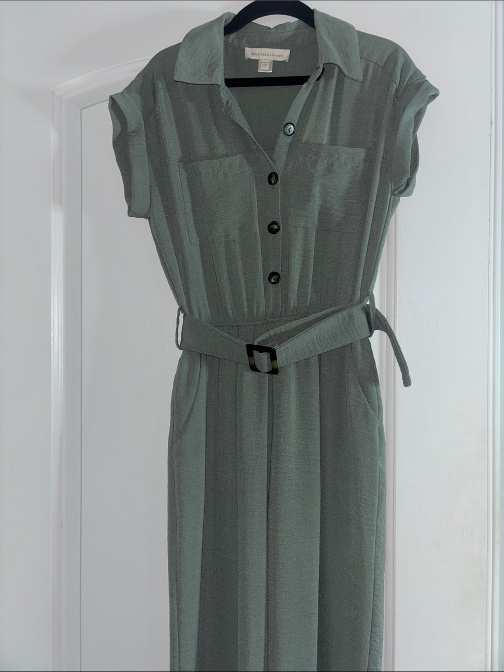 Eileen Fisher Sage Green Belted Midi Shirt Dress with Patch Pockets